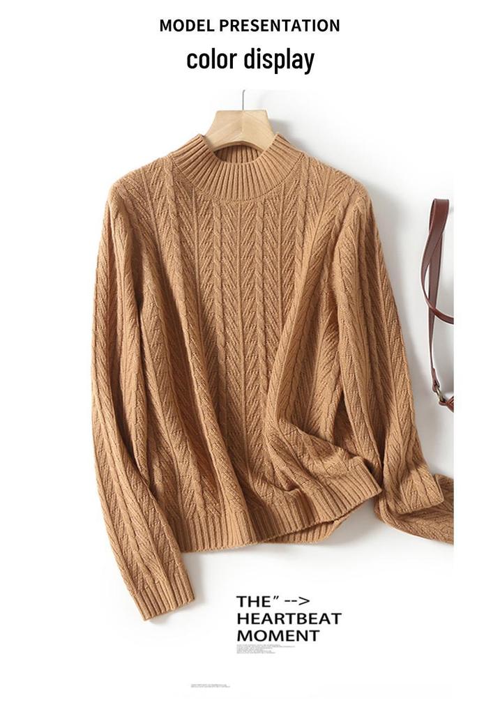 Women's Retro Half-High Neck Cable Knit Wool Sweater (BN629) - Autumn Winter Casual Knitwear