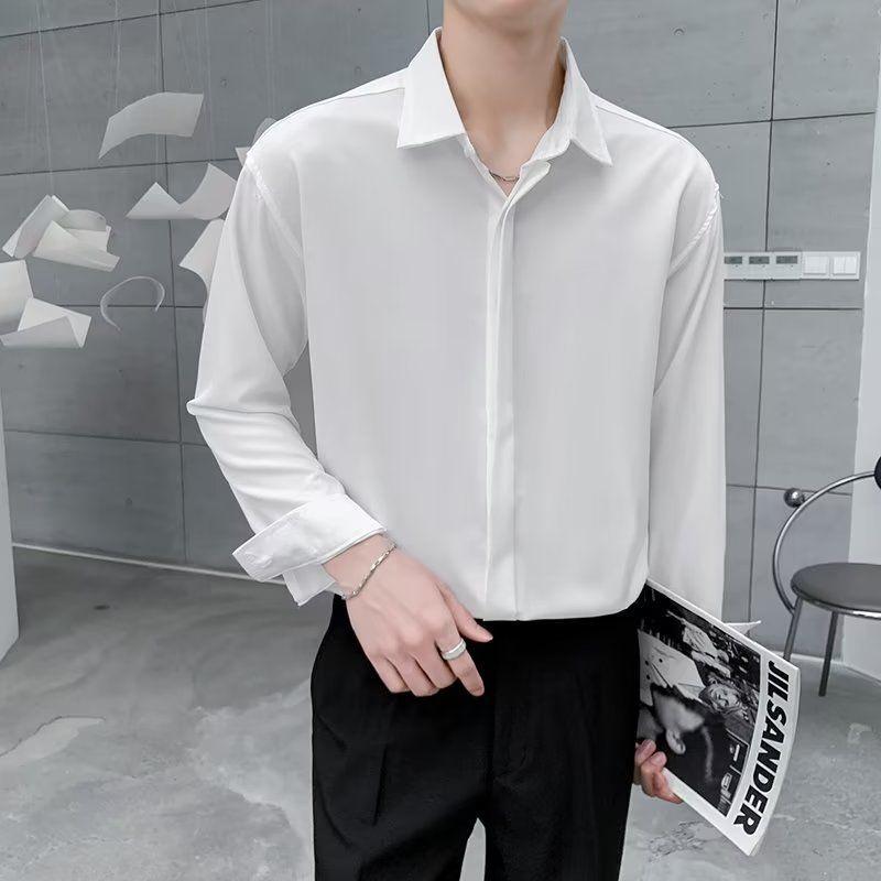 Korean Long Sleeve Shirt Men Fashion Loose Business Casual White Shirt Men's Button Design Top Large Comfortable Shirt