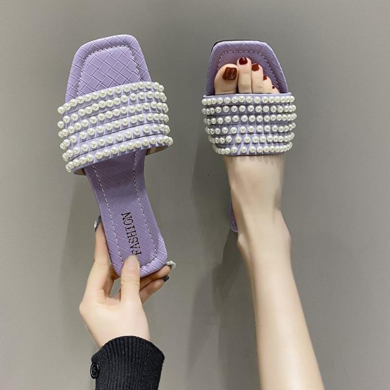 Новые модные женские сандалии на плоской подошве, нескользящие тапочки с жемчужным декоративным верхом, мягкие стельки, женская обувь