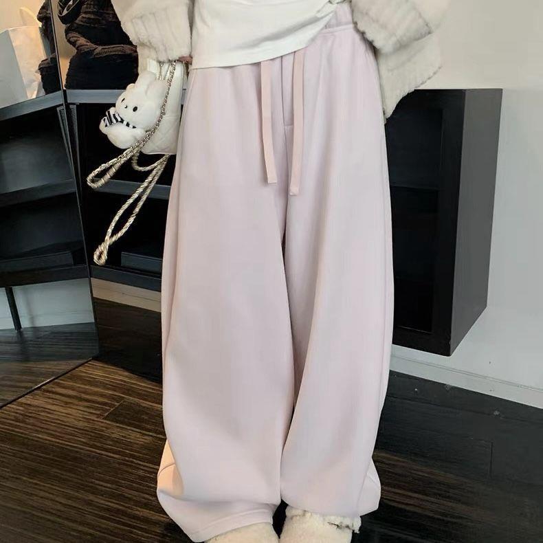 2025 Winter Cozy Loose Fit Soft Brushed Casual Pants - Versatile Thickened Long Style in Pink and Gray.