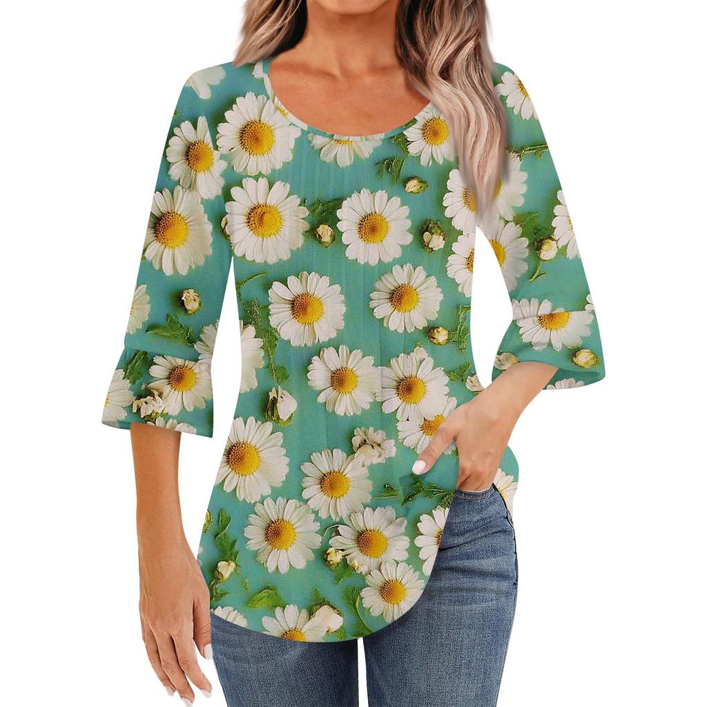 Женская модная повседневная плиссированная футболка с круглым вырезом и цветочным принтом, рукав три четверти