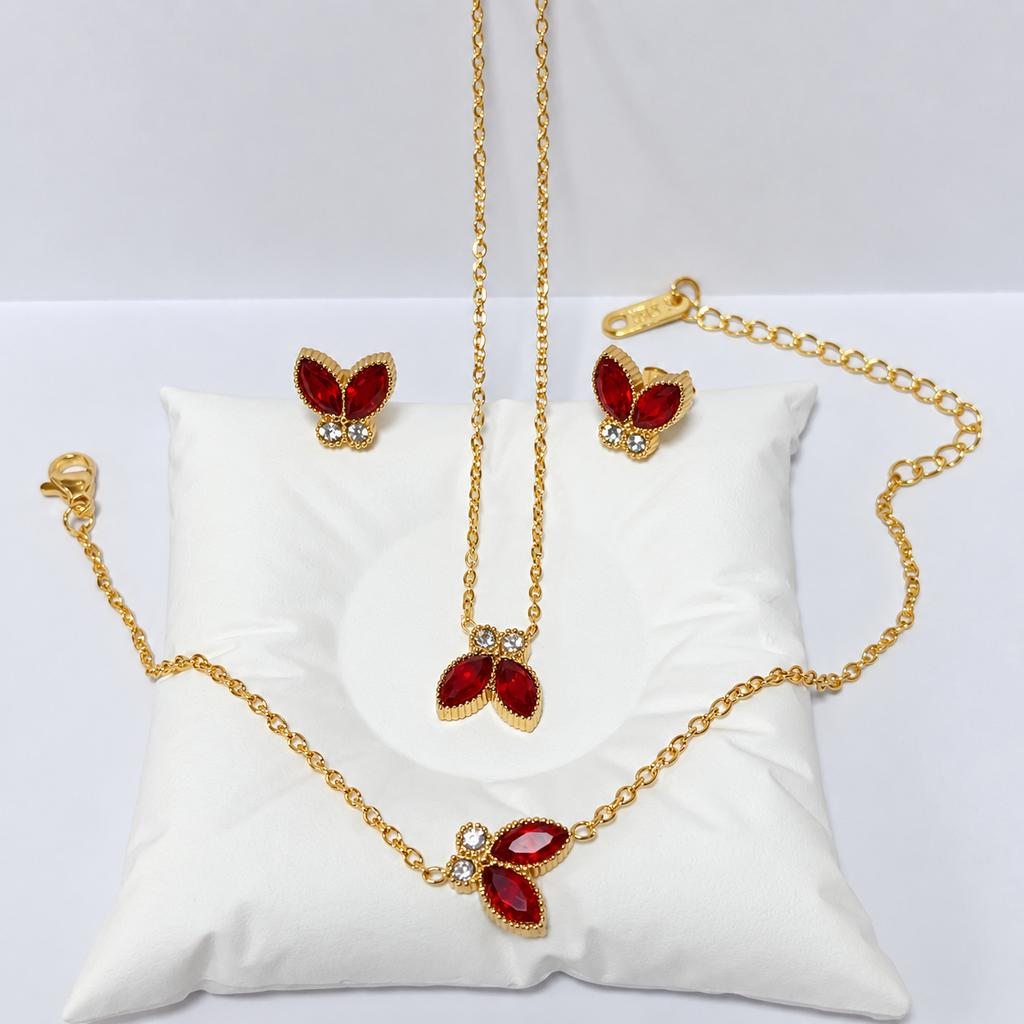 Huibao Red Marquise CZ Butterfly Jewelry Set for Women Gold Plated Stainless Steel Necklace Bracelet Stud Earrings 3 Piece Set