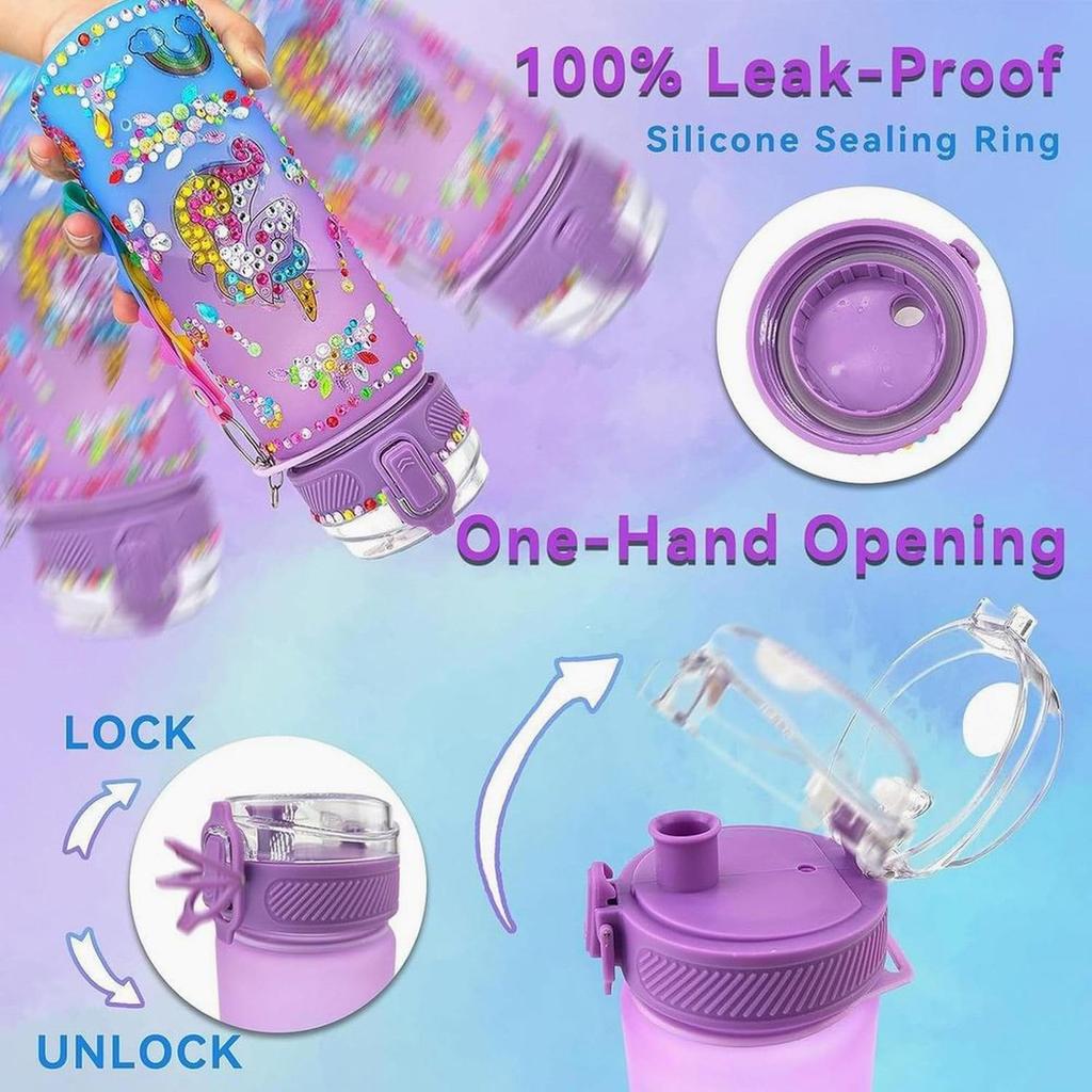 Creative DIY Gemstone Kids Water Bottle 600ml Rainbow Unicorn for School & Outdoor, Holiday Gift for Boys Girls Age 4-6-8-10, Multicolor