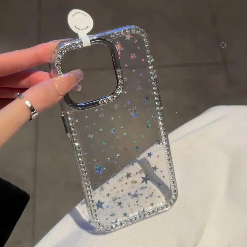 Роскошный Чехол для Телефона с Блестками Звезда Алмазная Для iPhone 17 Air 16 15 14 13 12 11 Pro Max Plus Блестящий Прозрачный Ударопрочный Мягкий Бампер