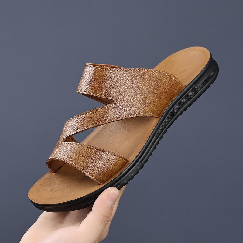 Модные новые мужские повседневные кожаные тапочки ручной работы, полузакрытые, модные мужские пляжные сандалии, дорожная летняя пляжная обувь, уличные универсальные балетки