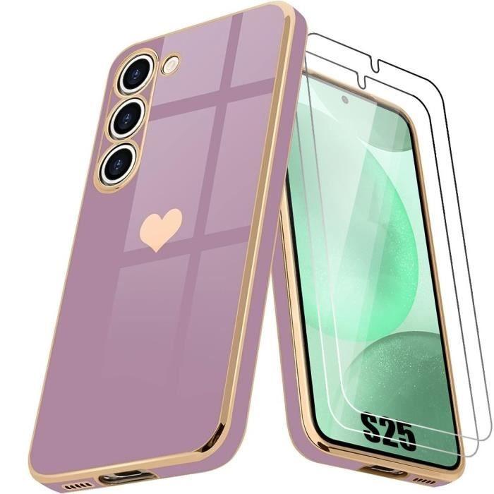 Coque et 2 Verres Trempés - Booling - pour Samsung Galaxy S25 - Violet Motif Cœur - Antichoc - Ultra Slim