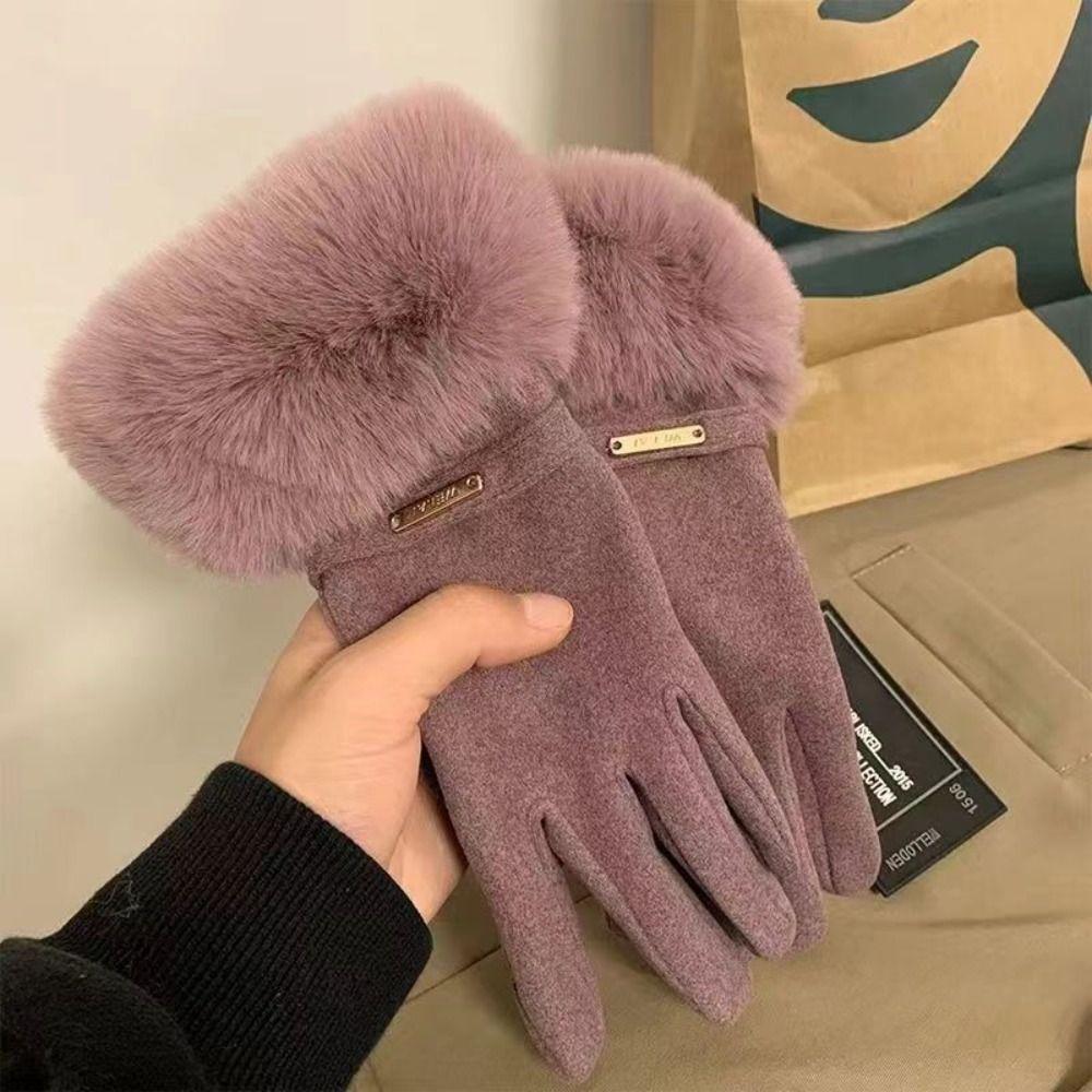 Solid Color Gloves Warm Full Finger Mittens Fashion Women Furry Gloves Female