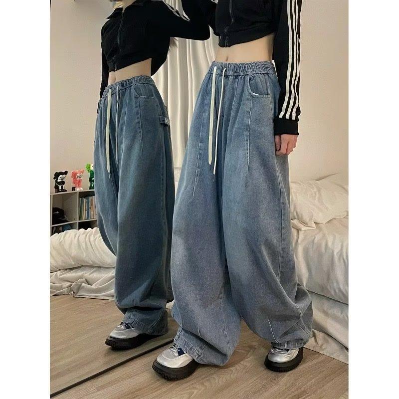 Women Vintage Baggy Jeans Elastic Waist Oversized American Trouser Denim Wide Leg Streetwear Straight Basic Pants Y2k  Plus Size