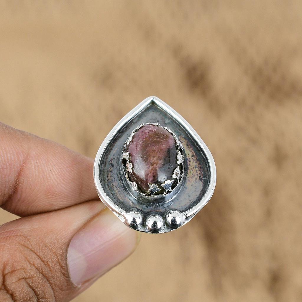 Mothers day Deal Oval Rhodonite Gemstone Sister Birthday Ring Jewelry 925 Silver