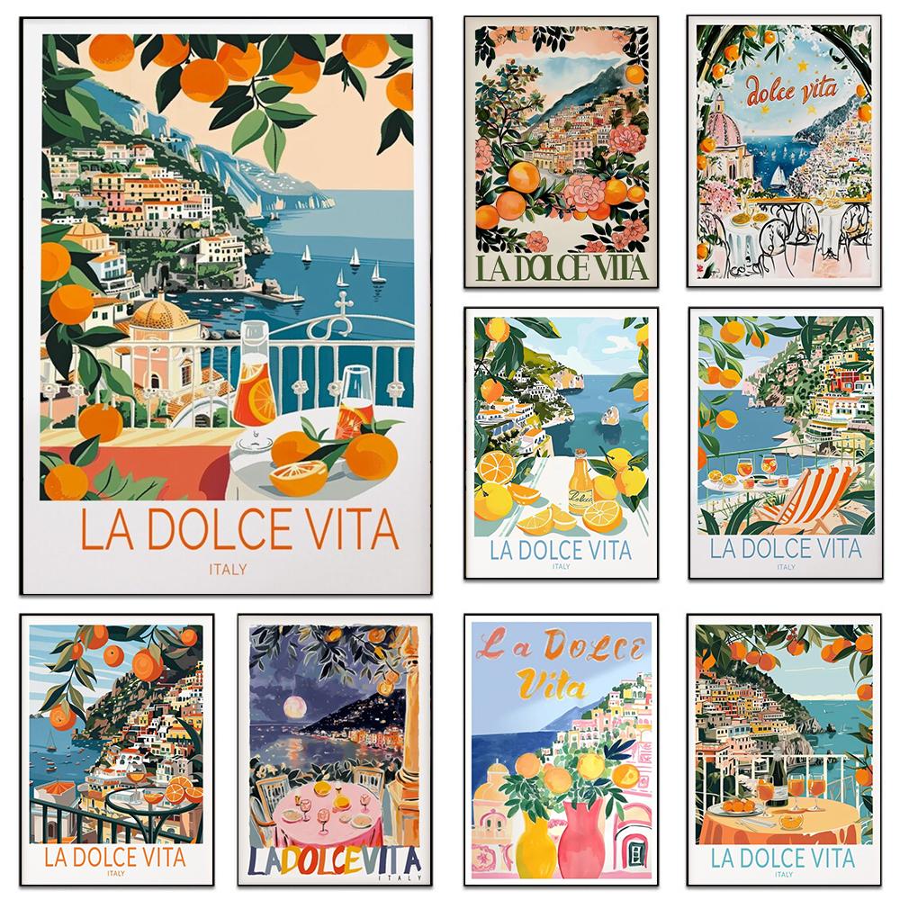 La Dolce Vita Wall Poster Print For Bedroom Living Room Home Decor Italy Coastal Landscape Canvas Painting Lemon Orange Wall Art