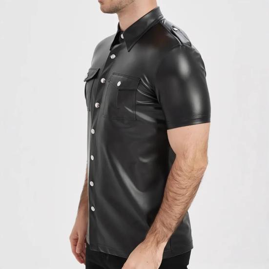 Мужская металлизированная рубашка на пуговицах с коротким рукавом и лацканами, облегающий сценический костюм для ночного клуба, вечеринок, баров, клубов