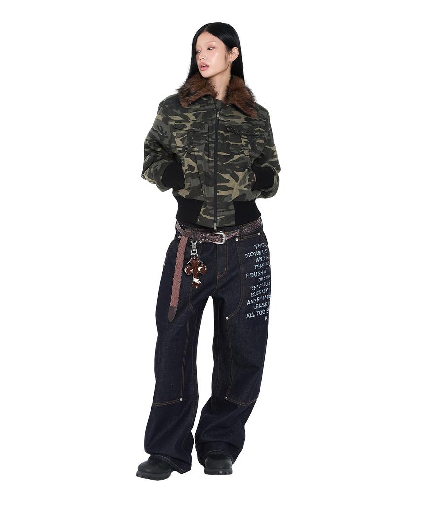 Aakam Studded High Neck Fur Jacket (Camo)