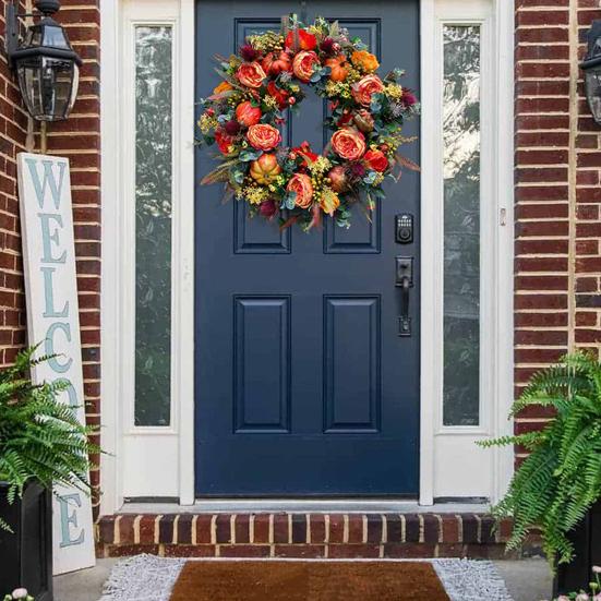 Осенний венок из пионов и тыкв, искусственная гирлянда из веток, винтажная цветочная гирлянда, сезонное украшение на дверь для Дня благодарения, декор урожая