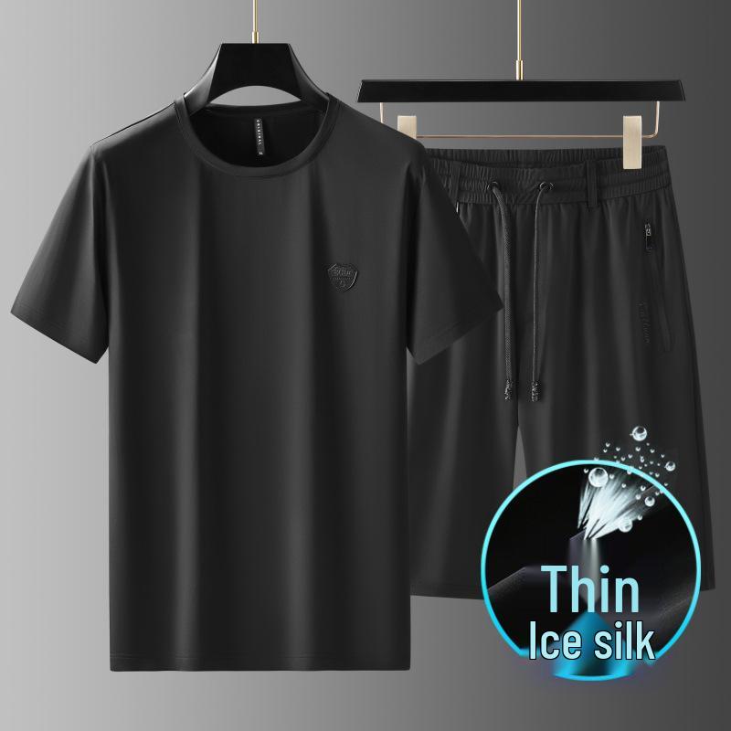 Men's Summer Set: White Short-Sleeve Sports Tee and Ice Silk Workwear Shorts, Casual & Loose Style 835