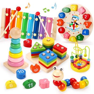 Деревянные игрушки Qizebaby для детей 2 и 3 лет, развивающие игрушки Монтессори, 6 шт., деревянные обучающие игрушки, игрушки для сопоставления фигур, музыкальные металлические колокольчики