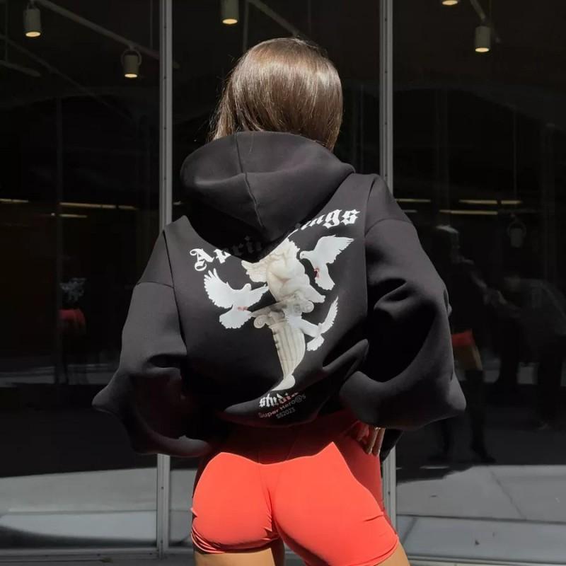2026 Женская оверсайз толстовка с капюшоном на молнии Streetwear Графический принт Свободный крой Длинный рукав Повседневный топ