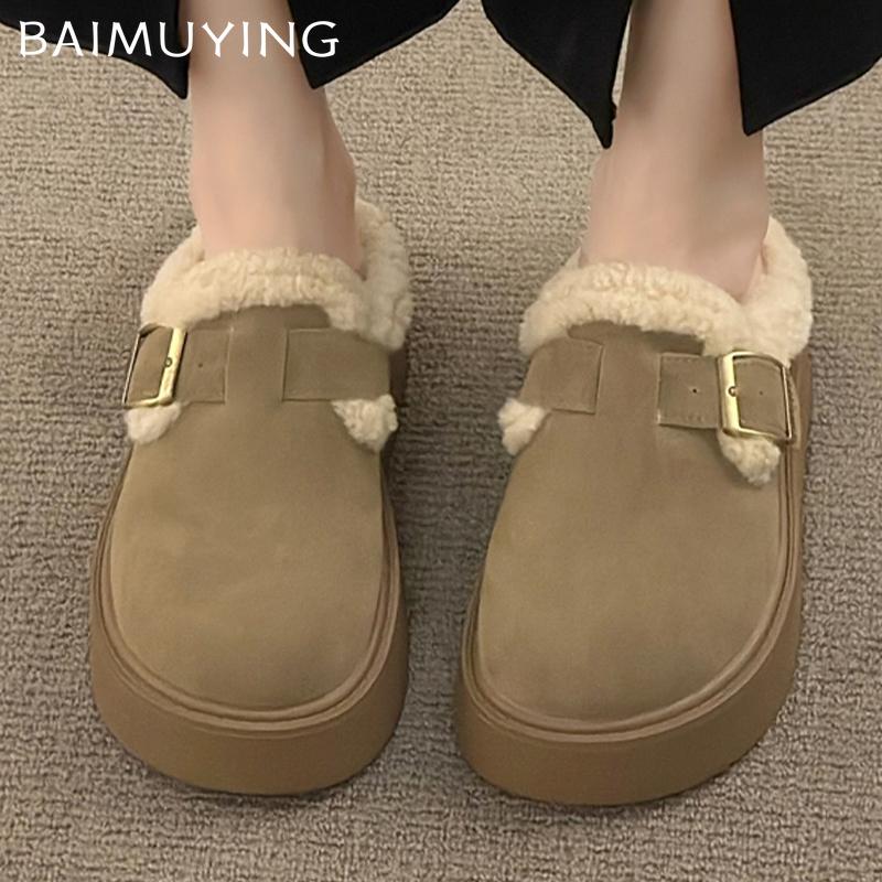 Меховые женские хлопковые тапочки на платформе из замши на плоской подошве, модные туфли-мюли, зимние туфли с открытой пяткой, женские туфли 2025 года, тренд, удобные женские туфли