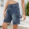 Women's Fashionable Solid Color Pocket Workwear Denim Casual Five Quarter Shorts