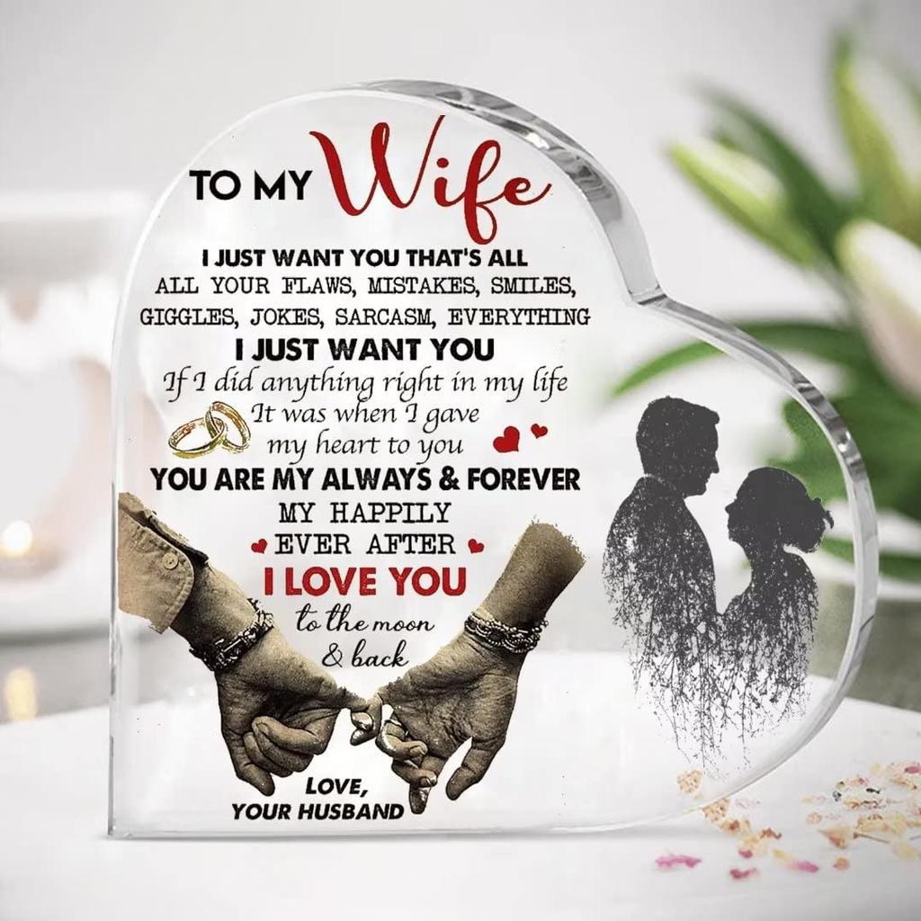 1pc acrylic heart shaped plaque, husband to wife heart shaped desktop home decor, romantic gifts, acrylic memorial ornaments- Acrylic Desktop Ornament