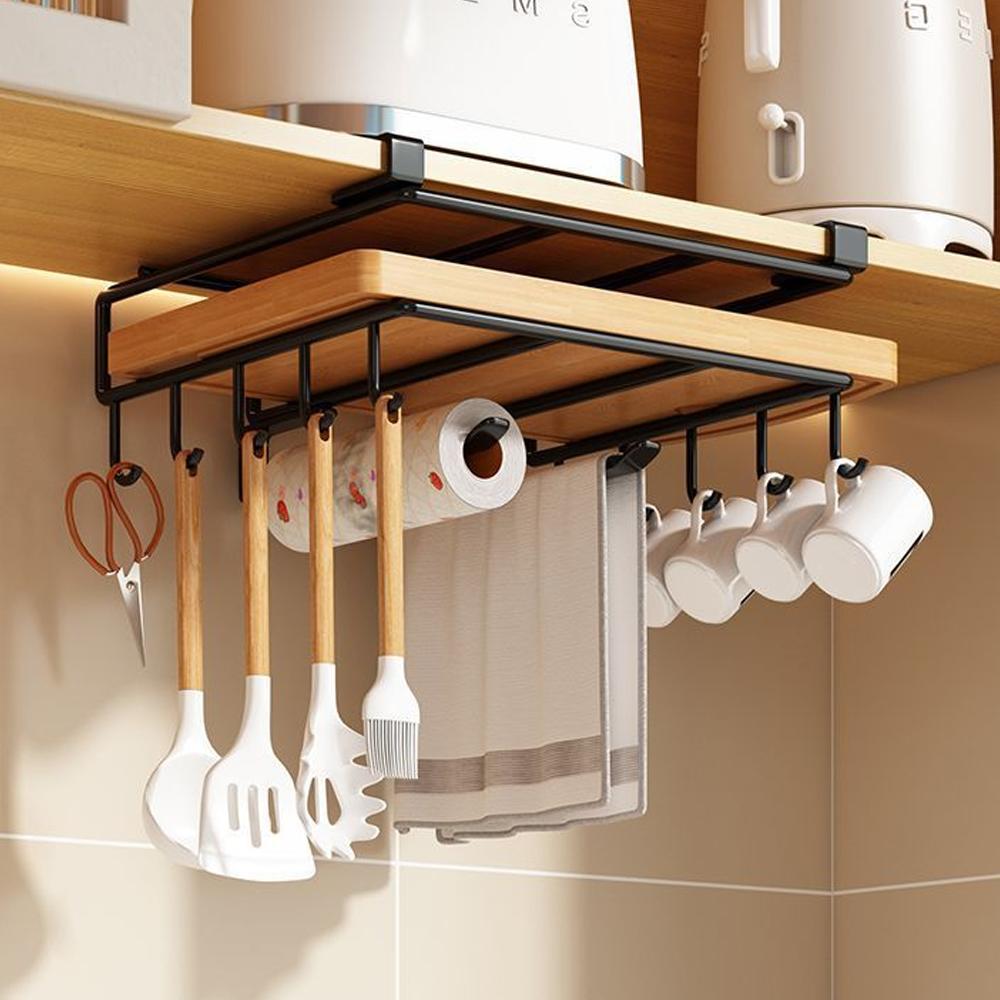 Space Saving Kitchen Organizer: Under Cabinet Hanging Rack with Hooks for Towels Cutting Boards Pot Lids 7
