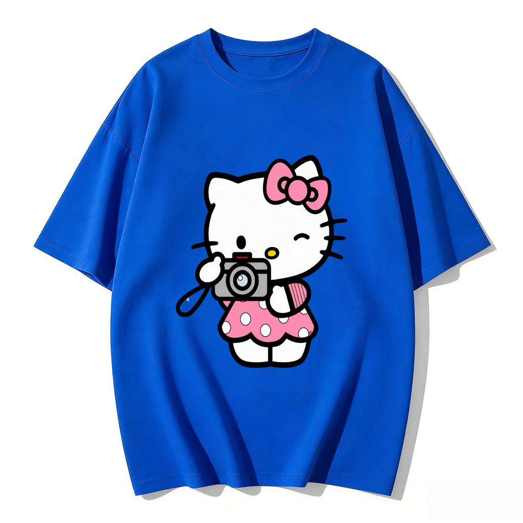 2026 New Hello Kitty Camera Cartoon Print Tshirt Family Matching Outfits Casual Short Sleeve Tee for Women Unisex Kid Highquality