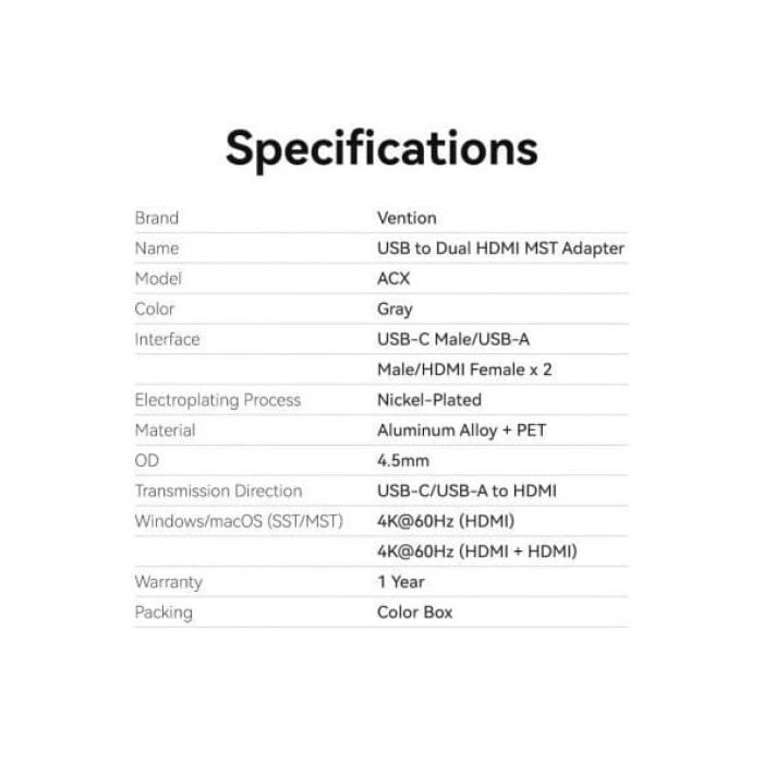 Conversor Vention ACXHB USB-C/USB-A a 2x HDMI 4K 60Hz 15cm Gris DisplayLink