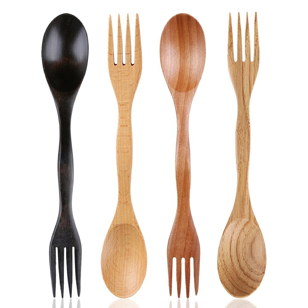Cutlery Dinner Fruit Spoon Fork Natural Wood 2 In 1 Dual Head