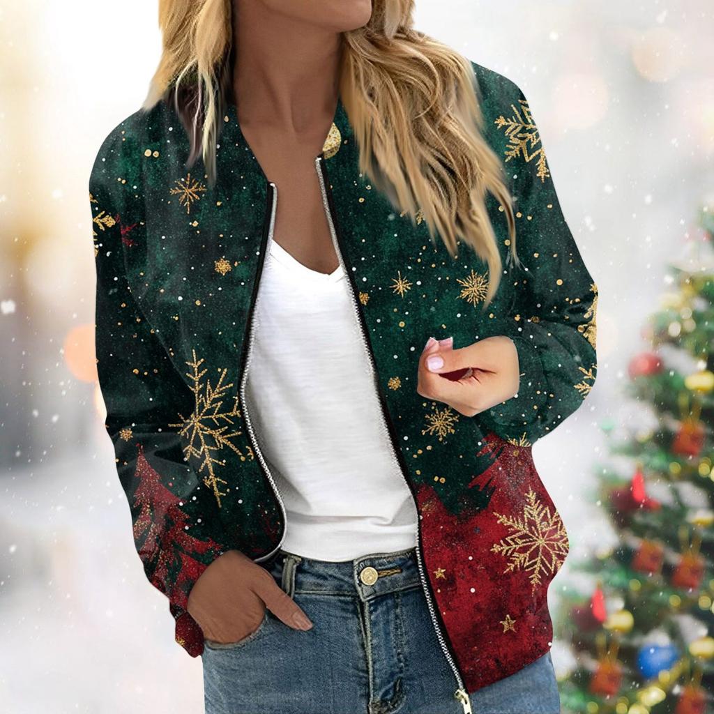 Женская легкая короткая куртка с длинными рукавами на молнии с принтом, повседневная стеганая куртка с карманами, рождественская