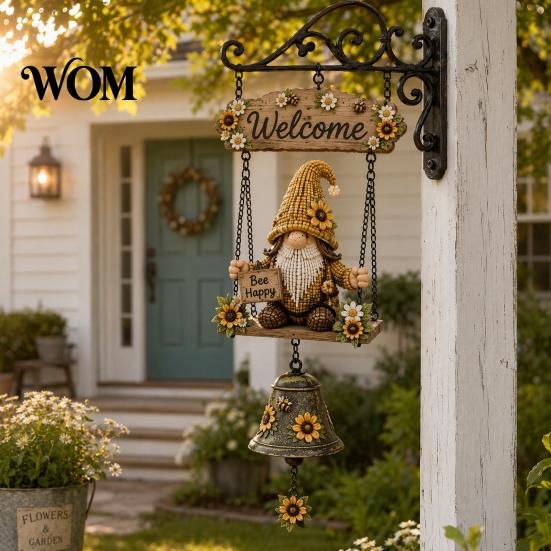 Country Style Garden Decoration Rustic Gnome Bell, Large Gnomes Welcome Hanging Doorbell, Bell Decor for Front Porch Patio Fence Farmhouse,
