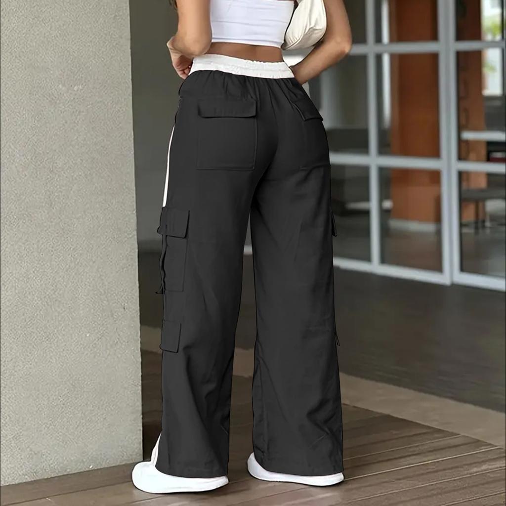 Ladies' Fashionable Side Striped Straight Leg Pants With Elastic Waist Pocket, Casual Sports Pants