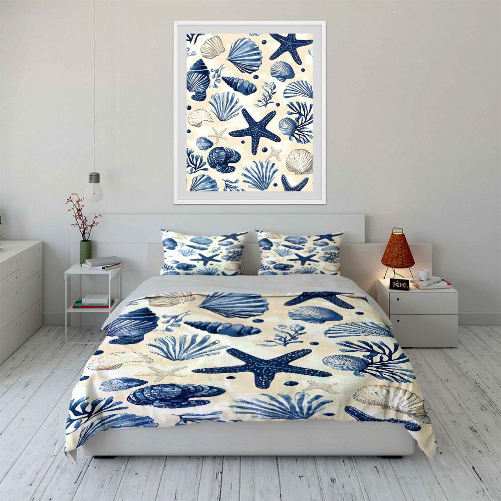 Blue starfish and seashells. Bedding sets Duvet cover sets Duvet covers Pillowcases(1 * Duvet Cover 2 * Pillowcases without duvet insert)