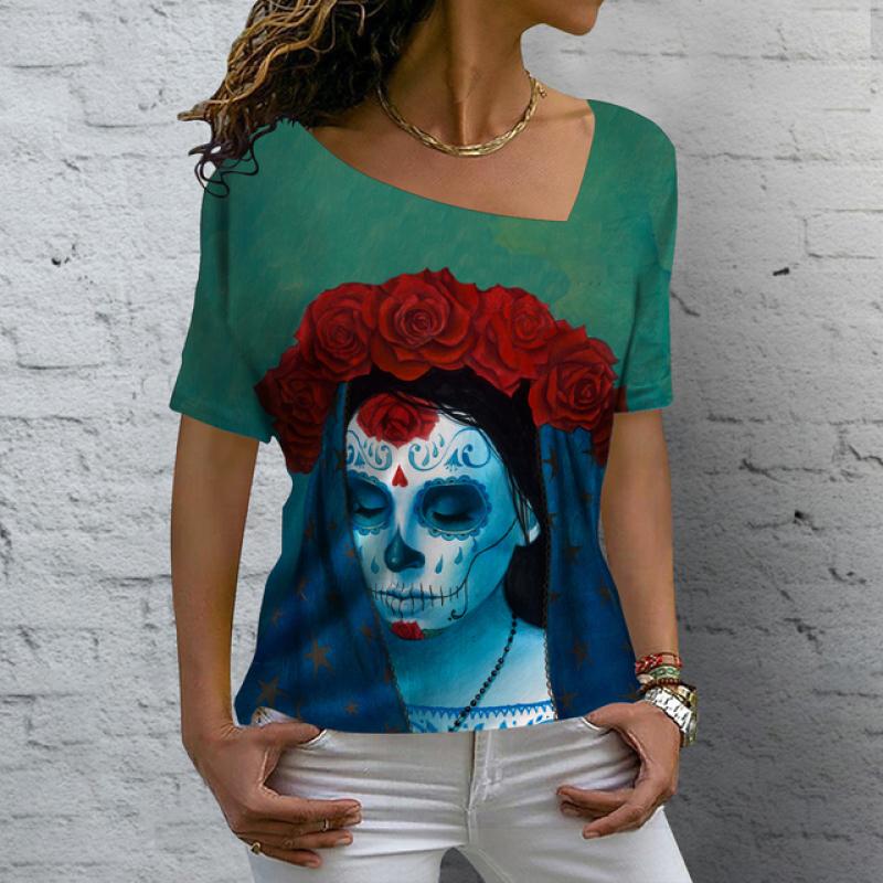 Лето 2023, винтажная женская футболка с изображением черепа, топы с v-образным вырезом, повседневный хлопковый пуловер с короткими рукавами, женская уличная одежда в стиле Харадзюку в стиле панк