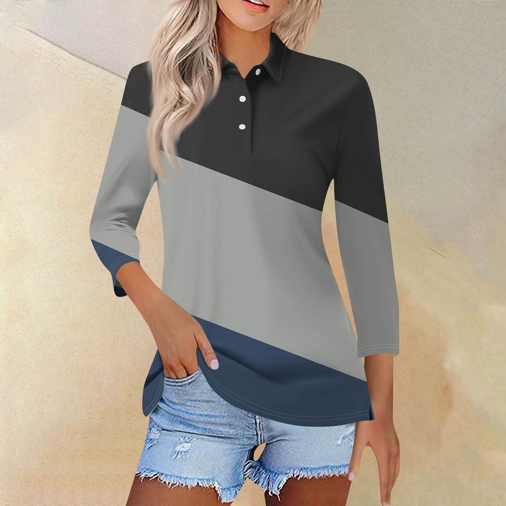 Женская модная повседневная рубашка с короткими рукавами 3/4 с лацканами и принтом, женские топы на пуговицах