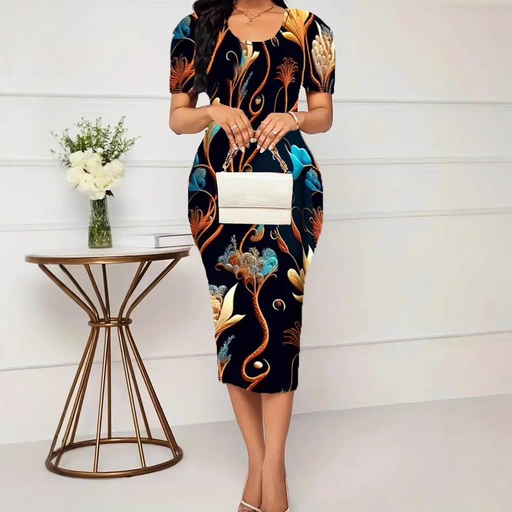 Женское платье больших размеров с короткими рукавами и круглым вырезом, элегантное облегающее платье миди