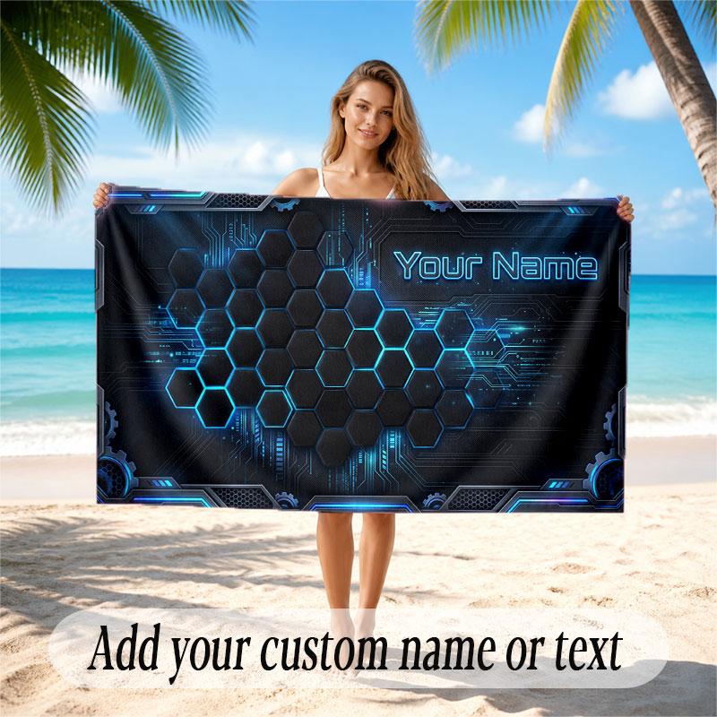 Abstract Geometric Theme Soft Beach Towel Personalized Custom Name Text Towel Portable for Beach Pool Travel