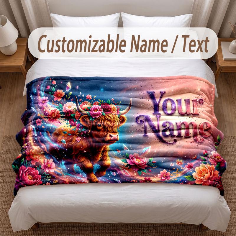Highland Cow Theme Soft Blanket Personalized Custom Name Text Print Warm Blanket Home Sofa Bedroom Decor