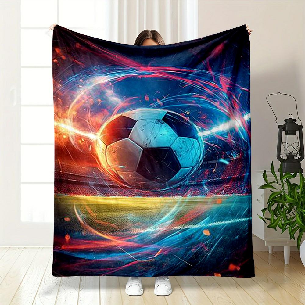 Fiery soccer ball on glowing stadium field printed Flannel blanket for bedroom, living room, sofa, and nap