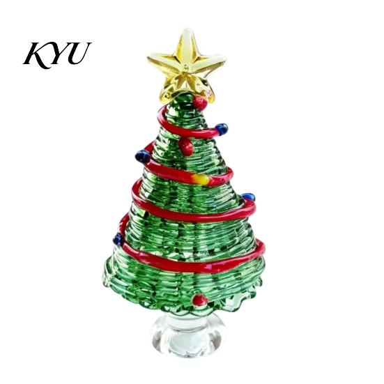 Colorful Glass Tree for Home Glazed Christmas Figurine with Star Moon Decor, Rotating Handmade Ornament Wire Wrapped Desk Mini Holiday Tabletop