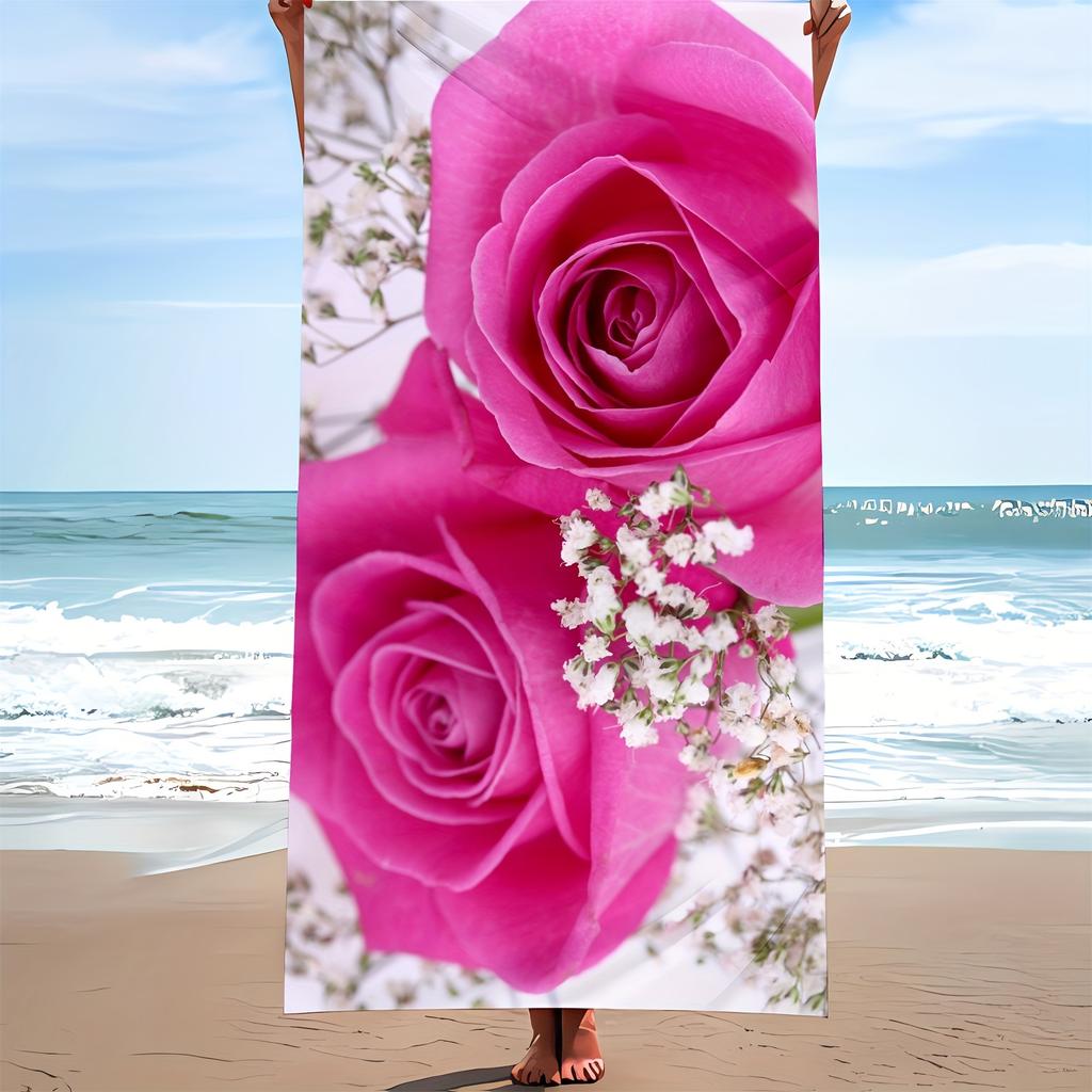 1Тропический цветочный узор с розовыми розами, Банное полотенце, Полиэстеровая ткань, Машинная стирка, Подходит для пляжа, бассейна, кемпинга и спортзала