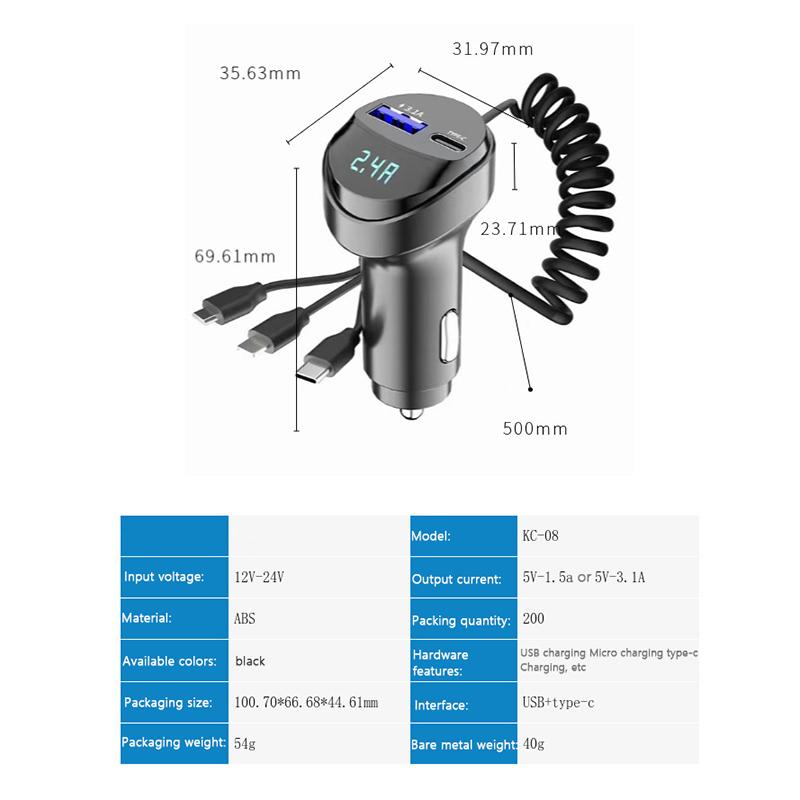 2 Ports Usb Fast Car Phone Charger 3.1A Voltage Display Car 3In1 Usb Retractable Charging Cable For Truck Automobile Vehicle