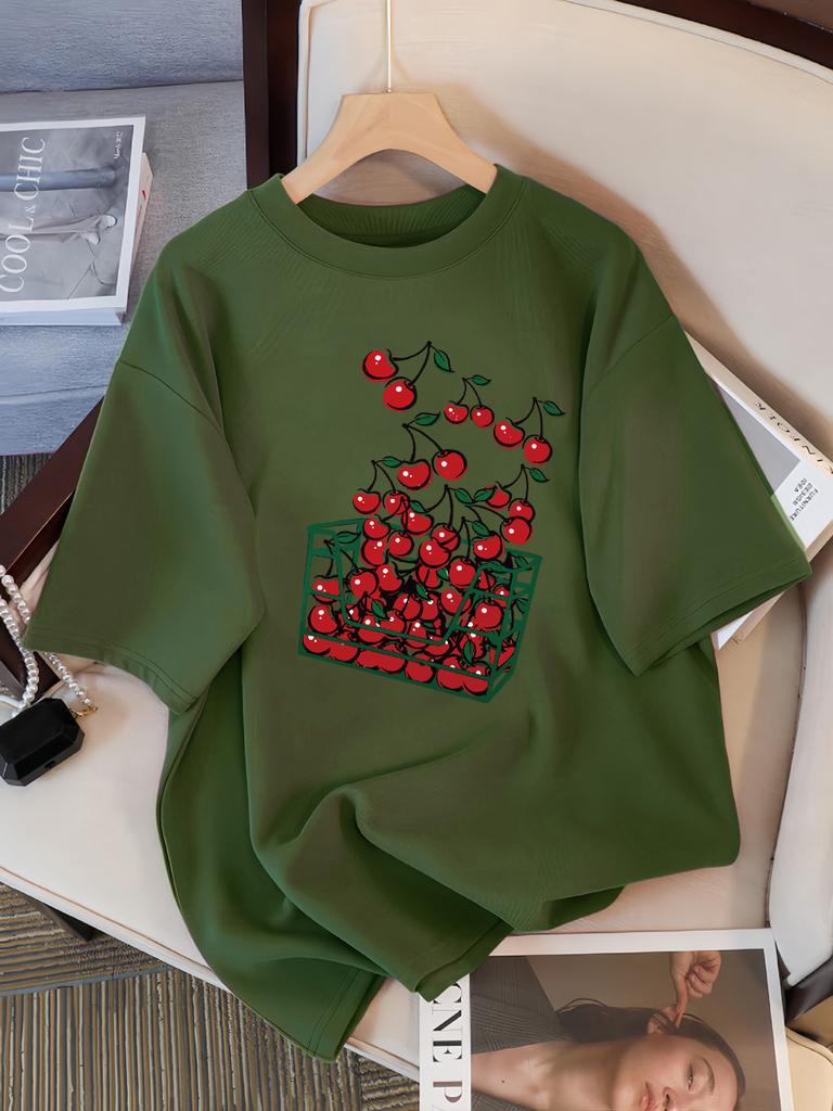 Женская футболка с принтом «Корзина вишен», дышащая, повседневная, летняя, с коротким рукавом, мягкая, свободная, уличная одежда