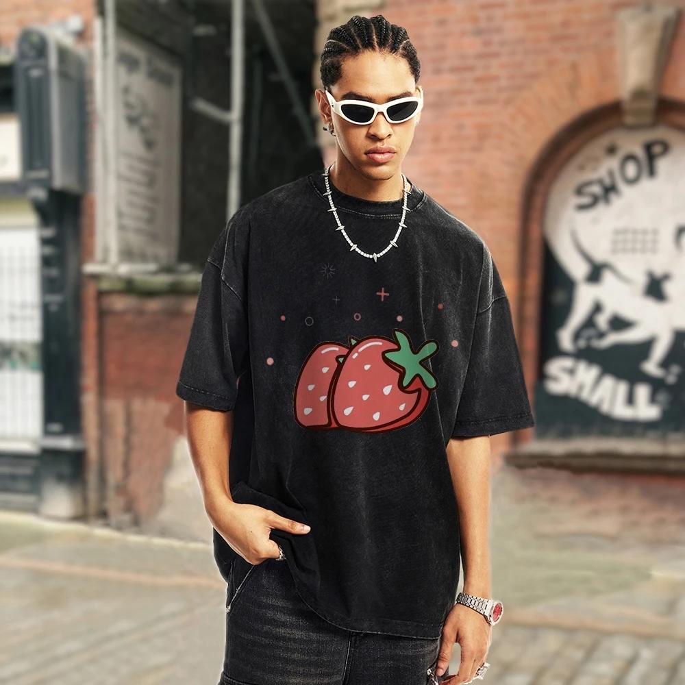 Y2K Style Round Neck Shirts Washed T-shirt Red Strawberry Print Top Summer Clothes 2024 Vintage Unisex Short Sleeve