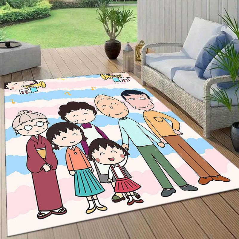 Chibi Maruko‑chan Flannel Pattern Square Carpet,Area Rug,Carpet Rug for Living Room Bedroom Sofa Playroom Decor,Non-slip Floor Mat
