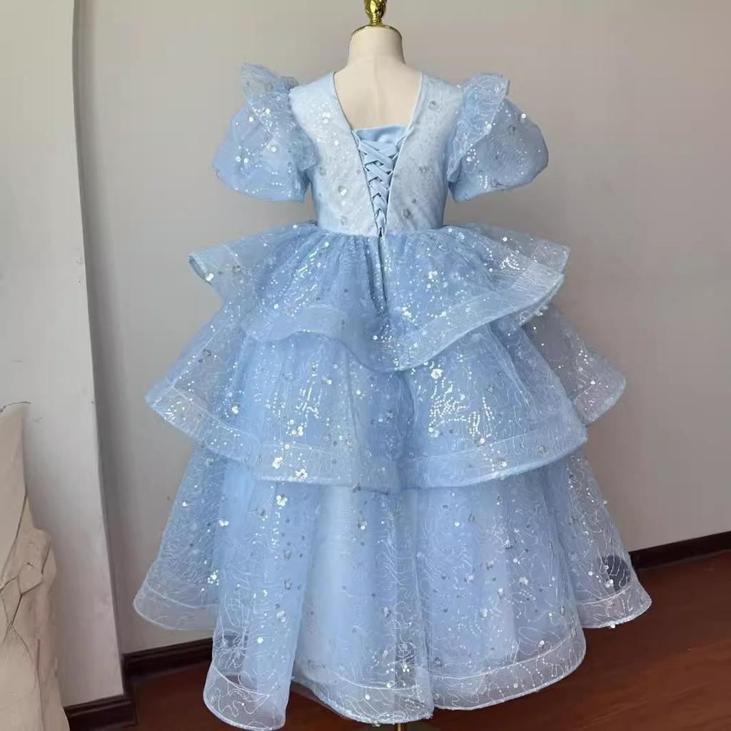 2025 Baby Girl Princess Dress Sequin Party Dresses for Children Puff Sleeves Clothing Classy Flower Girls Costume for Wedding