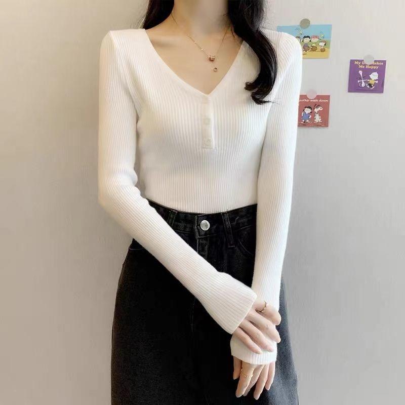 Kuz Qish V-boʻyinli Top Slim Fit Qisqa Bir xil rang Ichki Uzun qisma Asos Trikotaj Sviter Ayollar uchun