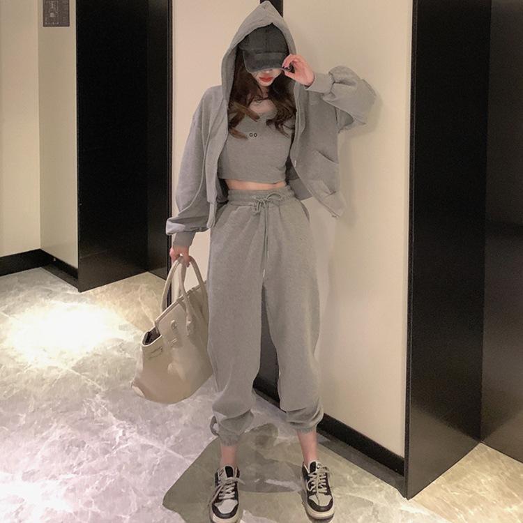 Women Spring Fall Casual Sweatpants Three Pieces Set Solid Color Loose Zipper Hooded Sweatshirt Short Coat Tank Pants Tops Sport Suits
