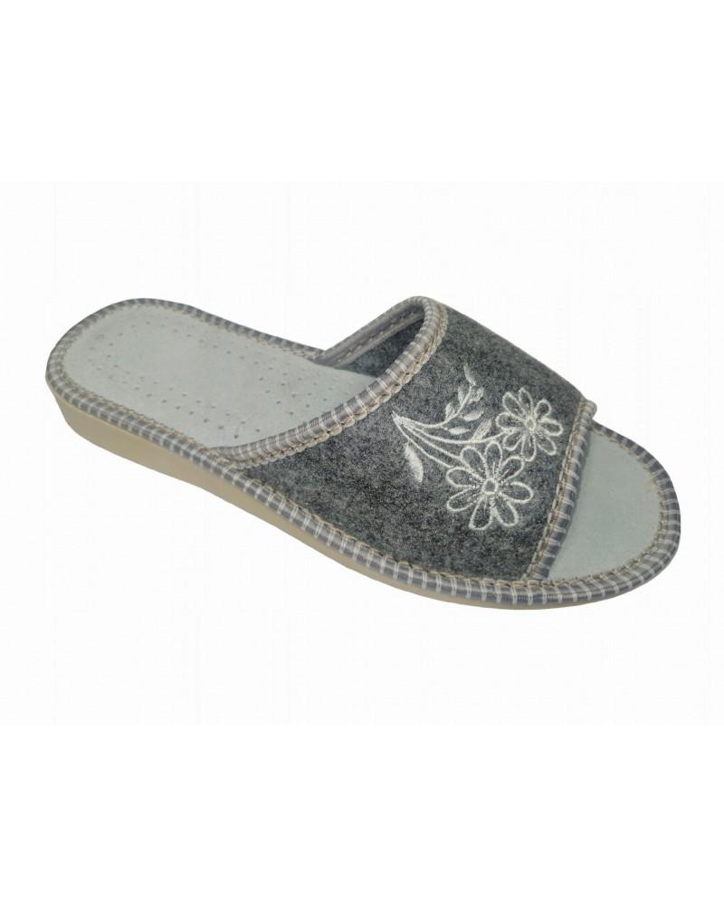 Open-toe felt slippers with leather insole and white embroidered flower 36