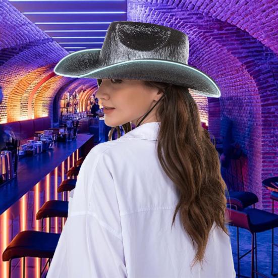 Яркие цвета ковбойская шляпа с широкими полями, ветрозащитная веревка, голографическая светодиодная шляпа для Хэллоуина, джазовая шляпа, модные аксессуары