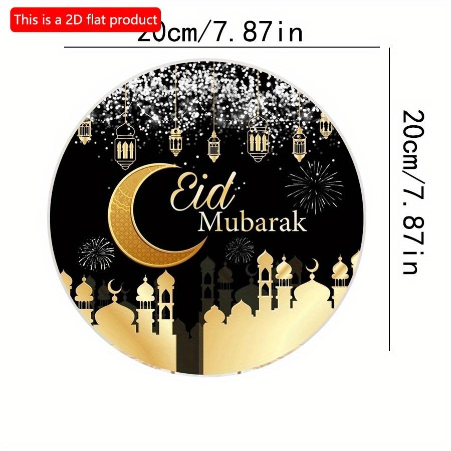 2D Flat 20*20cm1pc Eid Mubarak Black Gold Moon Fireworks Background Good Quality Round Wooden Pendant, Celebrate Eid Ceiling Hanging Ornament, Islam