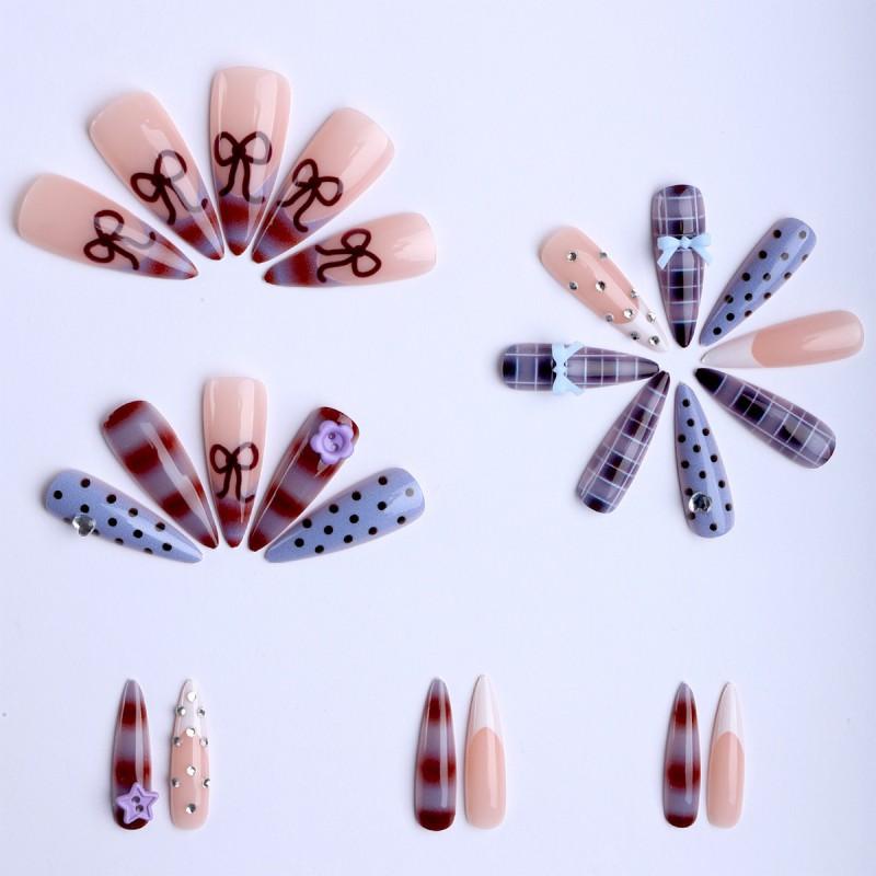 Long Wearable Press-On Nails With Blue Polka Dot Ballet Design Floral Women